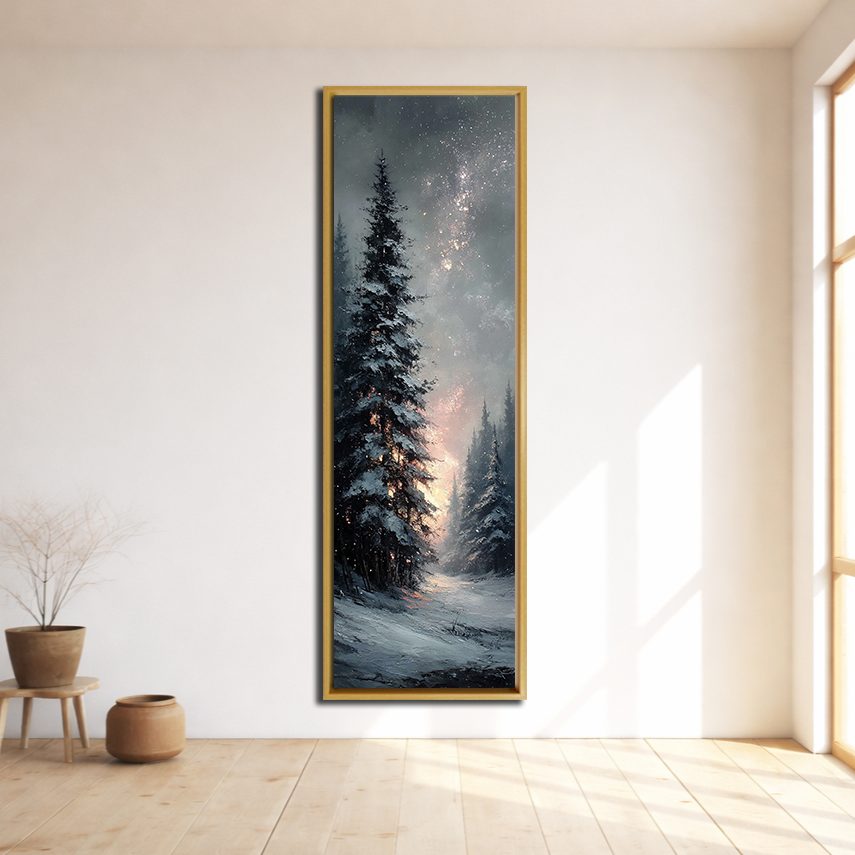 Snowy Pine Under Starry Sky canvas wall art, natural wood floating frame