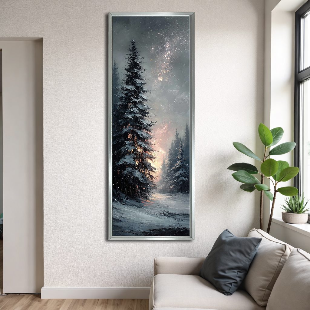 Snowy Pine Under Starry Sky canvas wall art, silver floating frame