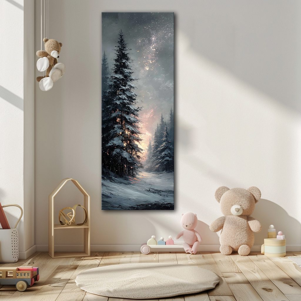 Snowy Pine Under Starry Sky canvas wall art, unframed canvas