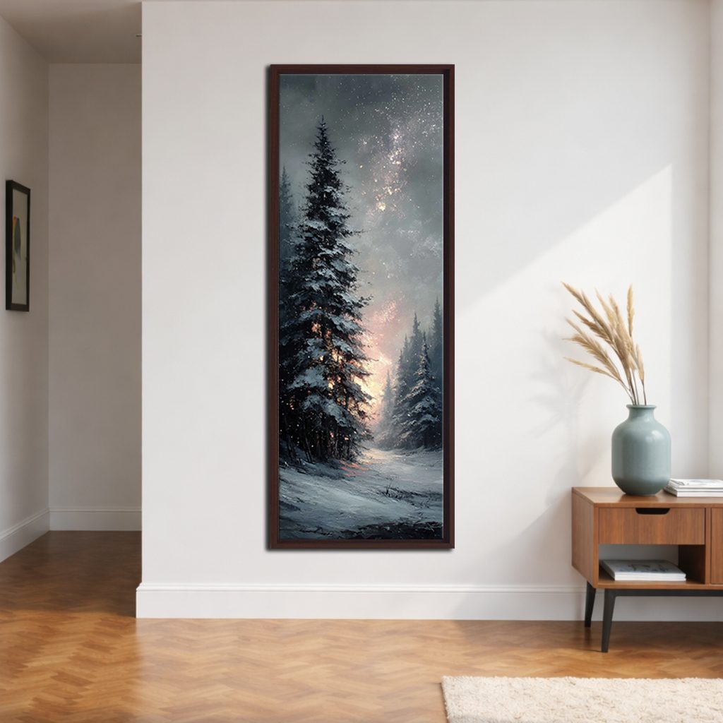 Snowy Pine Under Starry Sky canvas wall art, walnut floating frame