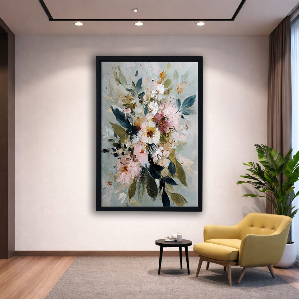 Soft Watercolor Floral Bouquet canvas wall art, black floating frame