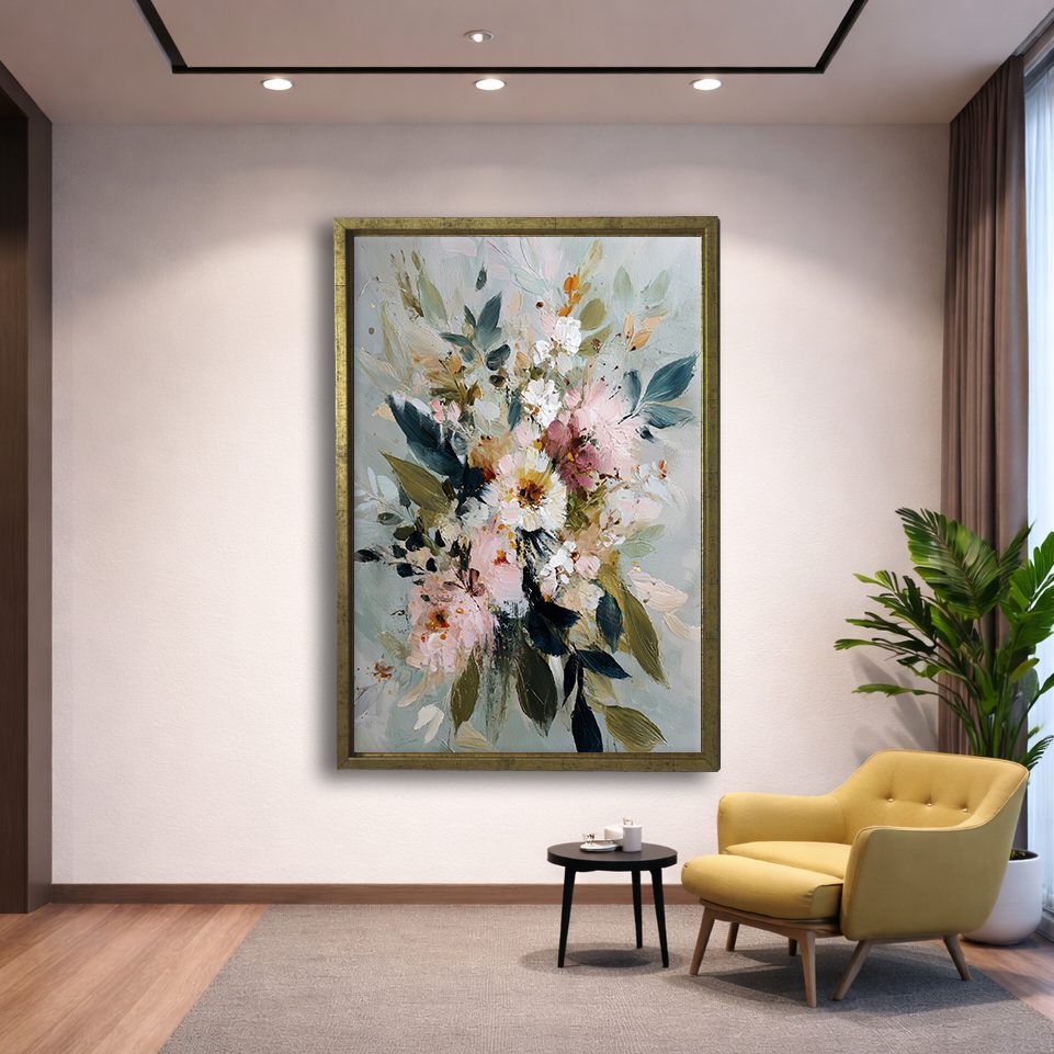Soft Watercolor Floral Bouquet canvas wall art, gold floating frame