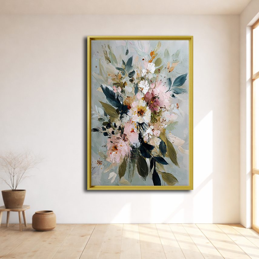 Soft Watercolor Floral Bouquet canvas wall art, natural wood floating frame