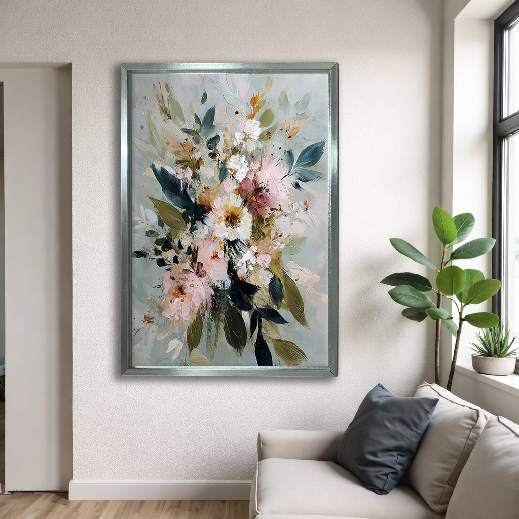 Soft Watercolor Floral Bouquet canvas wall art, silver floating frame