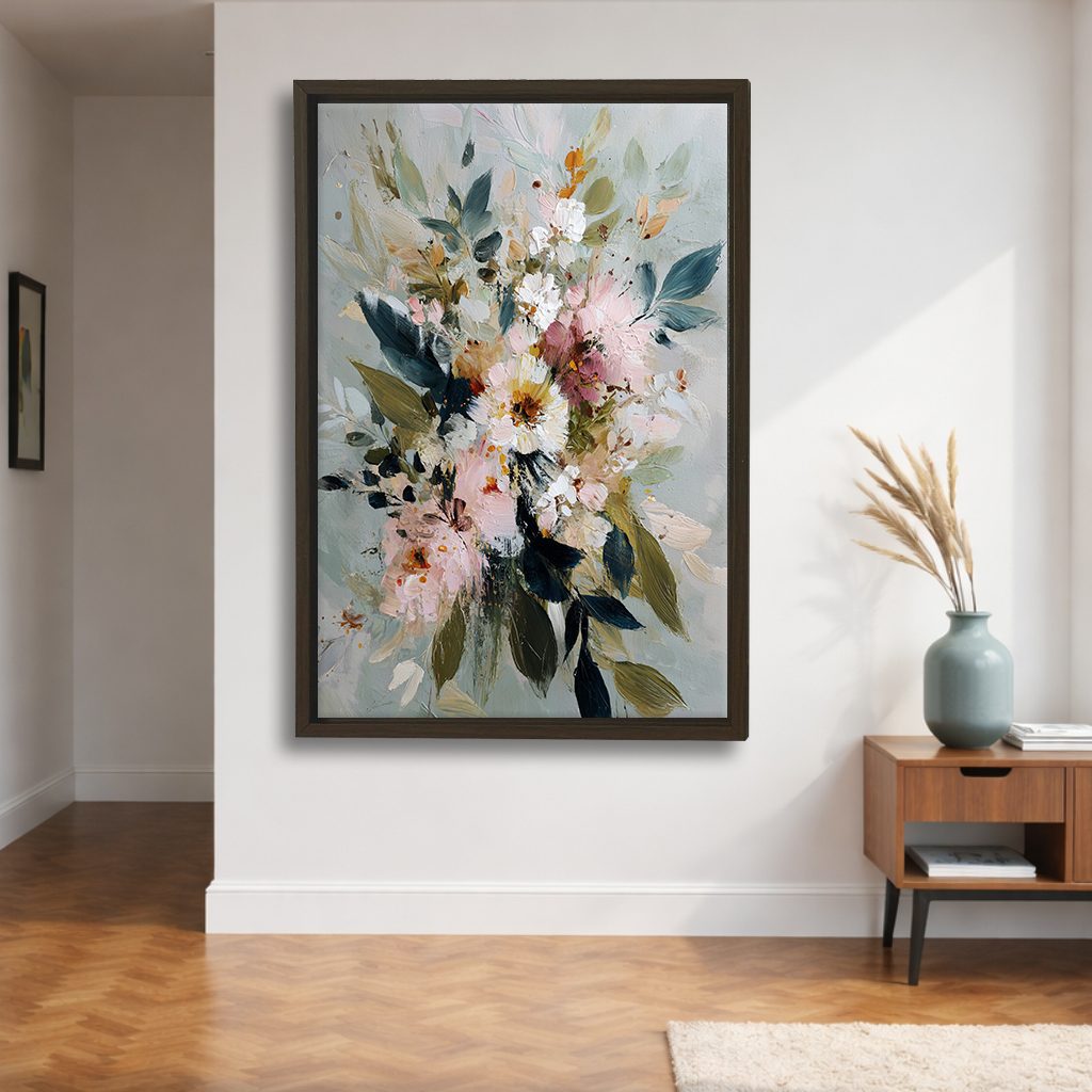Soft Watercolor Floral Bouquet canvas wall art, walnut floating frame