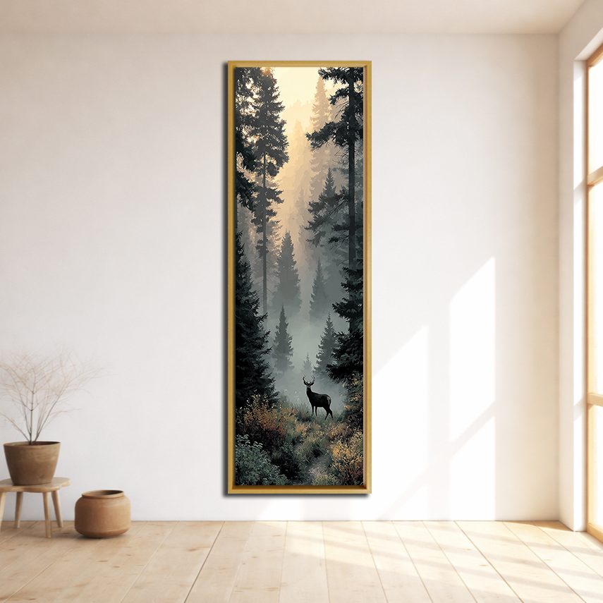 Stag in Foggy Forest canvas wall art, natural wood floating frame