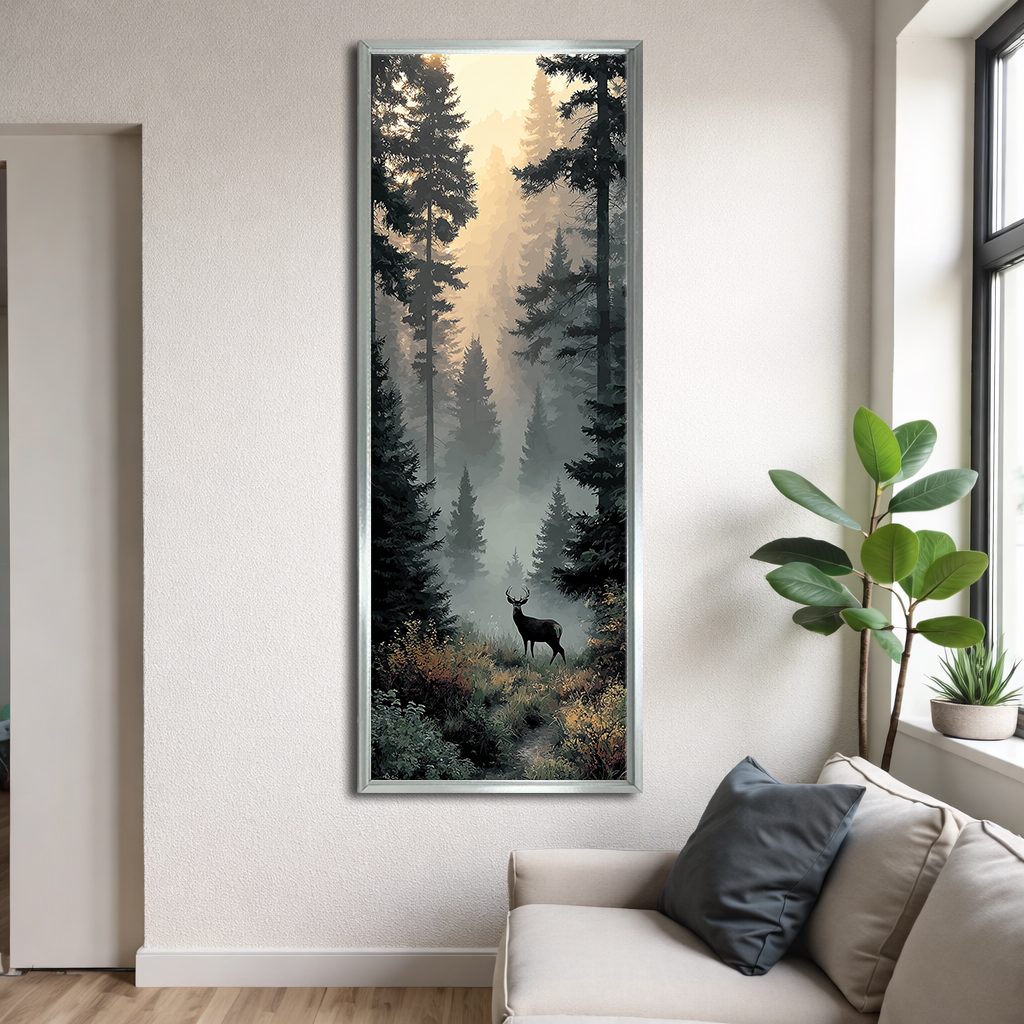 Stag in Foggy Forest canvas wall art, silver floating frame