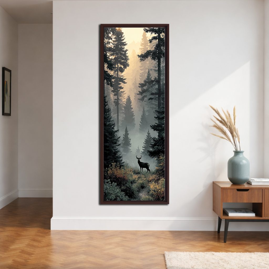 Stag in Foggy Forest canvas wall art, walnut floating frame