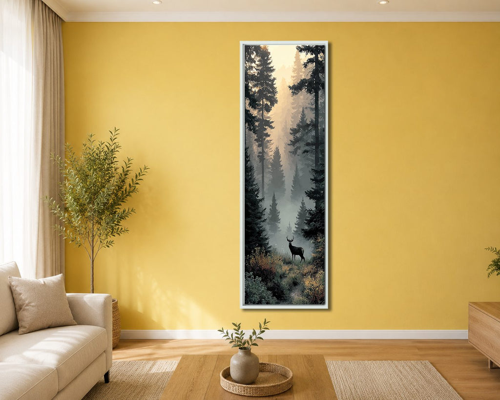 Stag in Foggy Forest canvas wall art, white floating frame