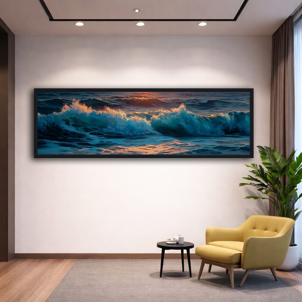 Stormy Ocean Waves at Sunset canvas wall art, black floating frame
