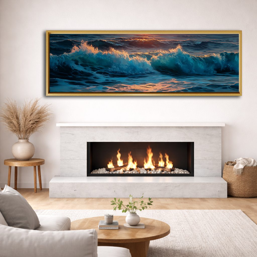 Stormy Ocean Waves at Sunset canvas wall art, natural wood floating frame