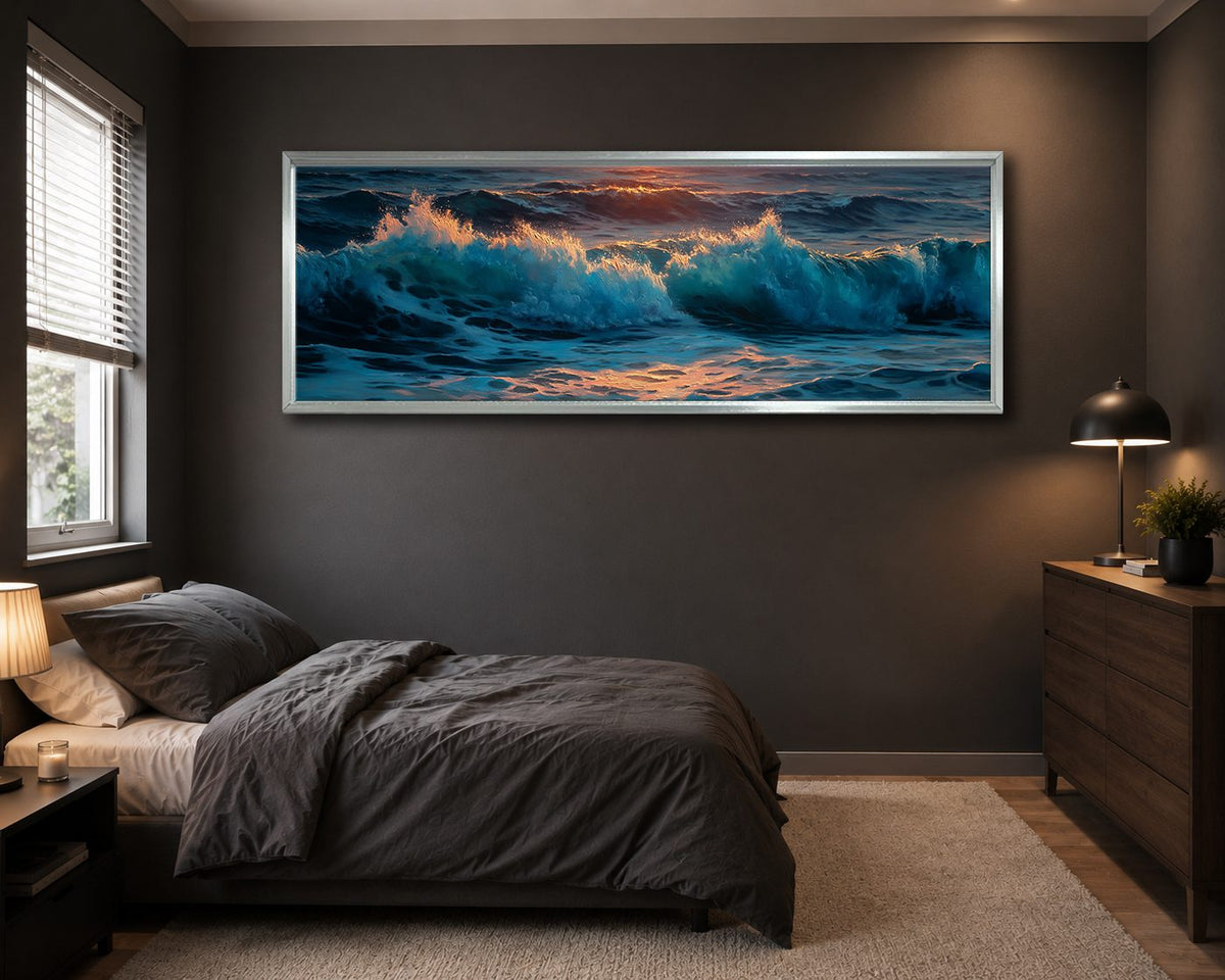Stormy Ocean Waves at Sunset canvas wall art, silver floating frame