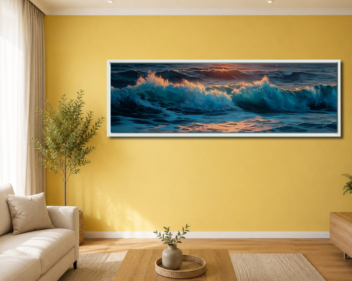 Stormy Ocean Waves at Sunset canvas wall art, white floating frame