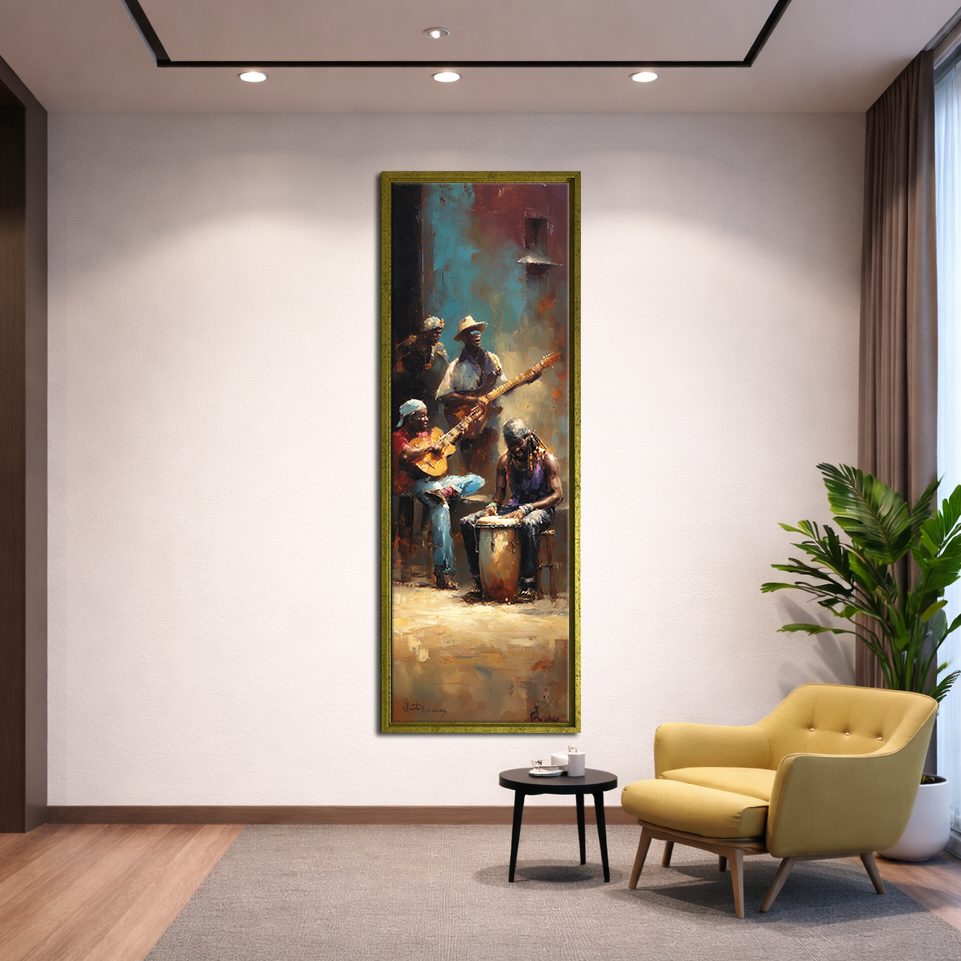 Street Musicians Jazz Night canvas wall art, gold floating frame