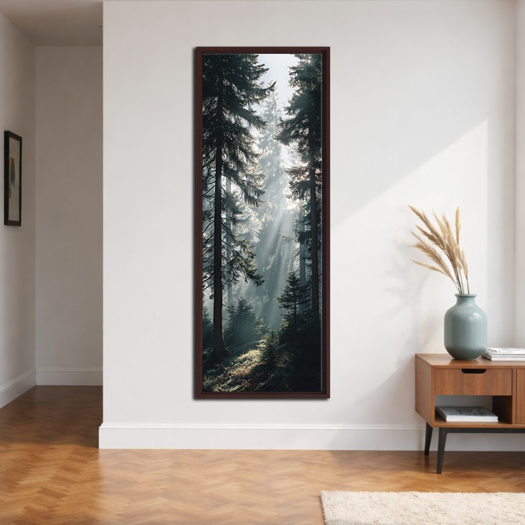 Sunbeams in Pine Forest canvas wall art, walnut floating frame