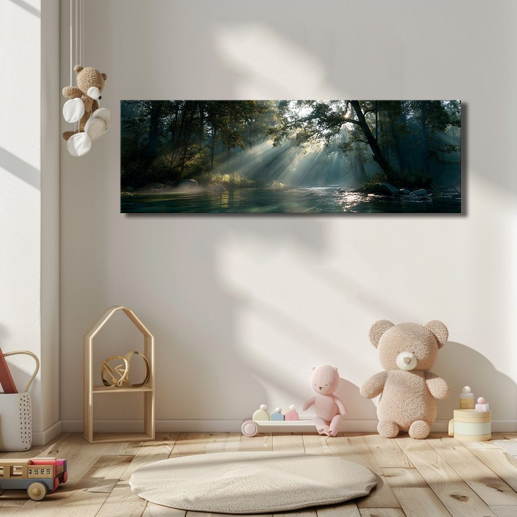 Sunbeams over Forest River canvas wall art, unframed canvas