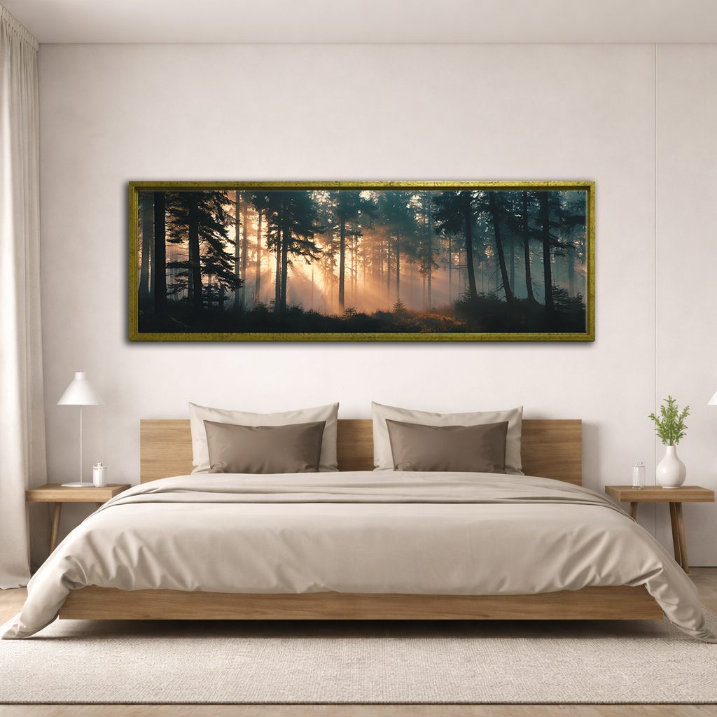 Sunlight Through Misty Forest canvas wall art, antique gold floating frame