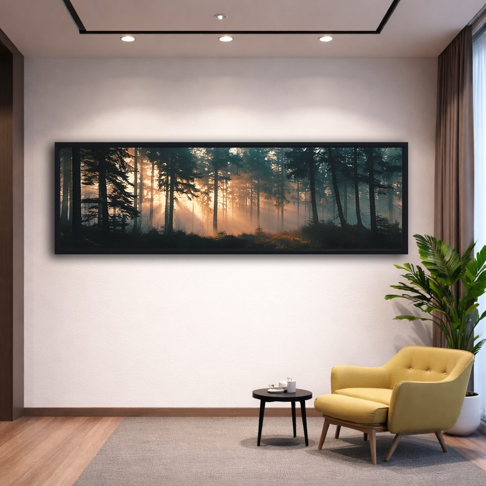 Sunlight Through Misty Forest canvas wall art, black floating frame
