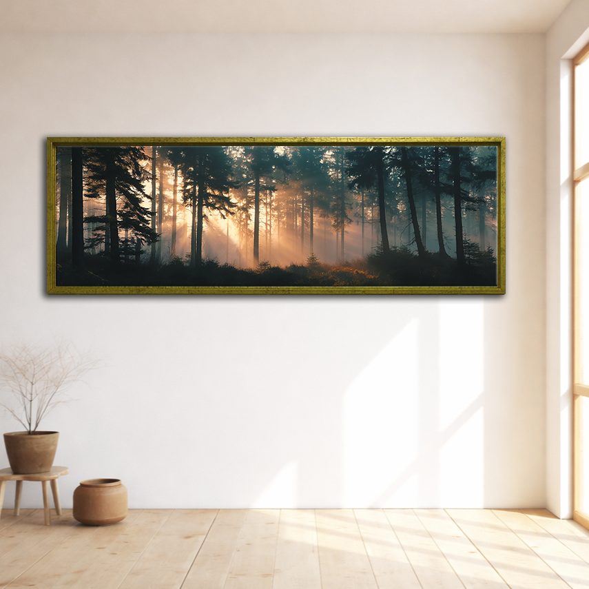 Sunlight Through Misty Forest canvas wall art, gold floating frame