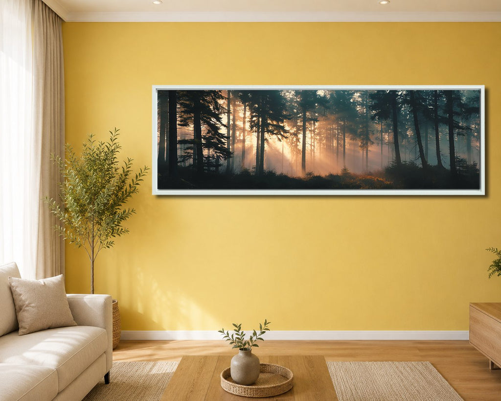 Sunlight Through Misty Forest canvas wall art, white floating frame
