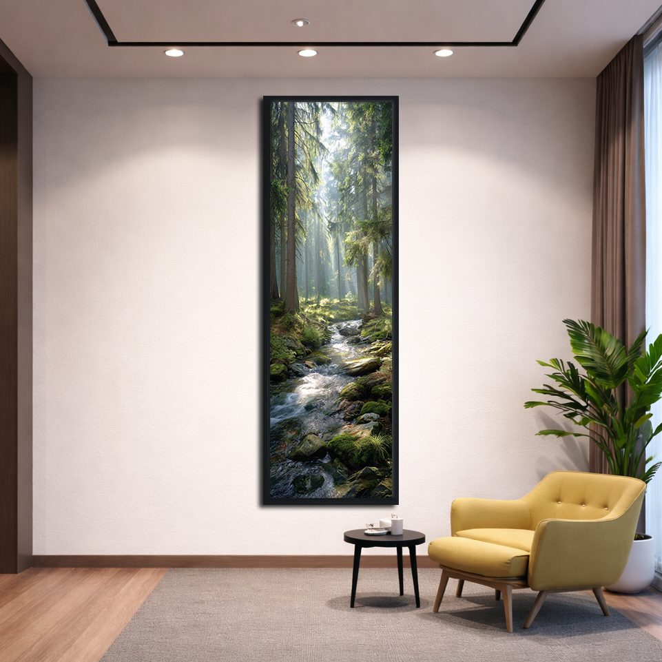 Sunlit Forest Creek canvas wall art, black floating frame