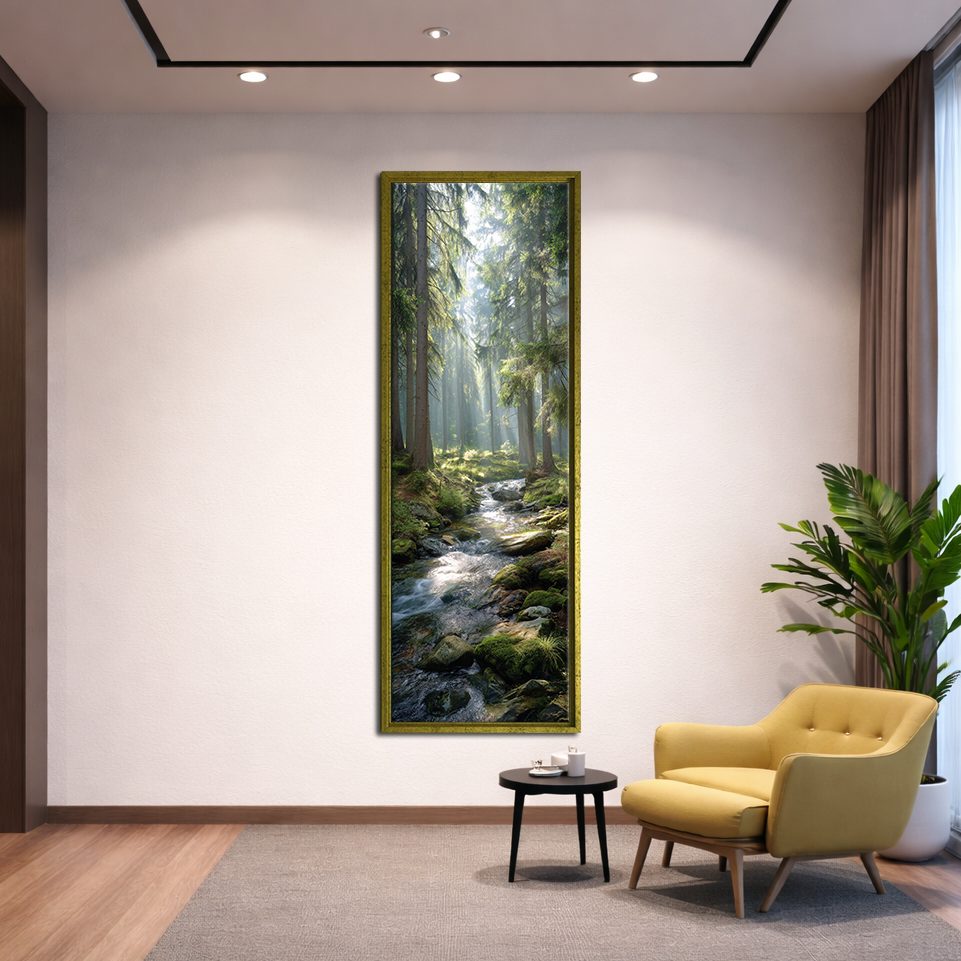 Sunlit Forest Creek canvas wall art, gold floating frame