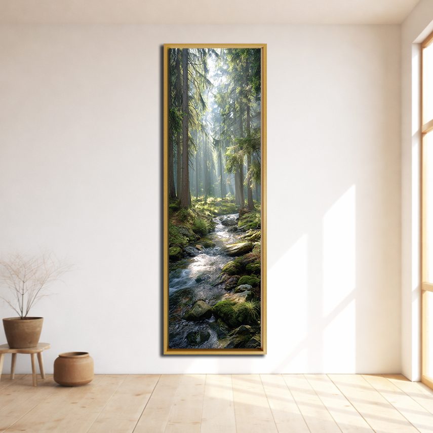 Sunlit Forest Creek canvas wall art, natural wood floating frame