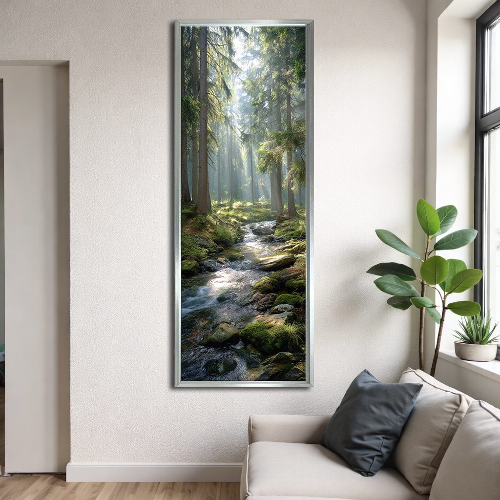 Sunlit Forest Creek canvas wall art, silver floating frame