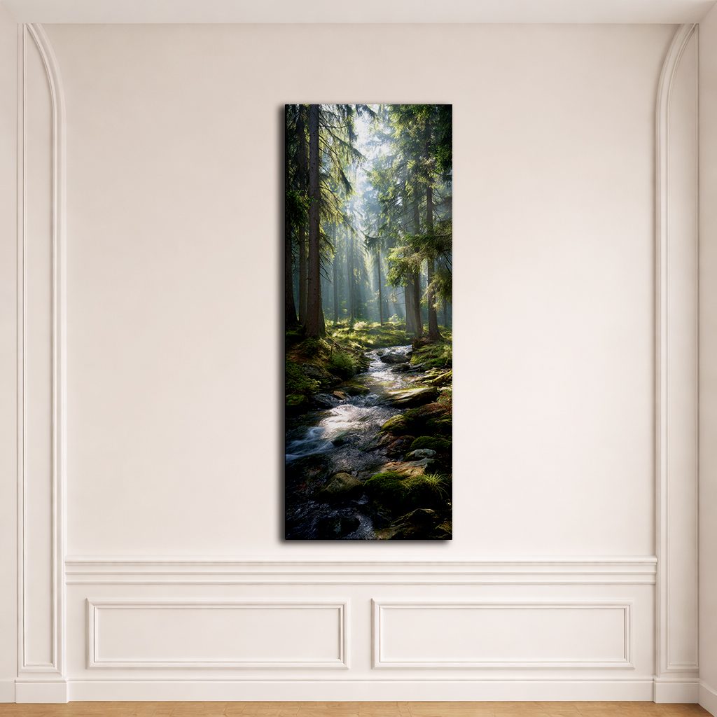 Sunlit Forest Creek canvas wall art, unframed canvas