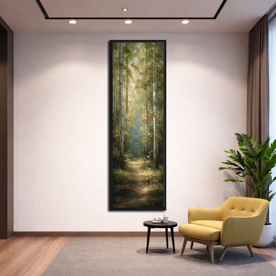 Sunlit Forest Trail canvas wall art, black floating frame