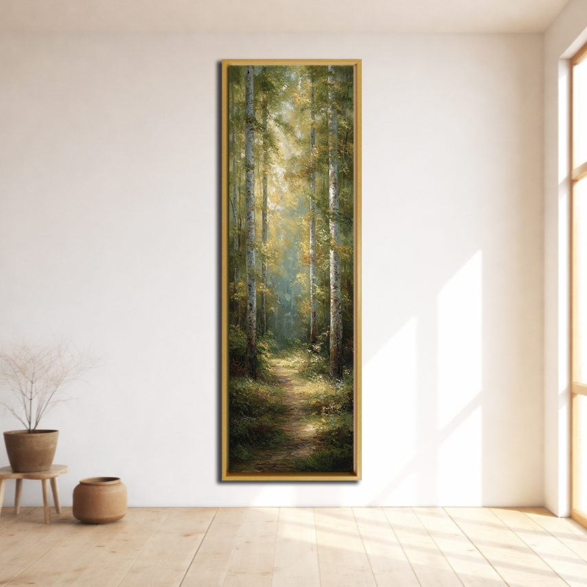 Sunlit Forest Trail canvas wall art, natural wood floating frame
