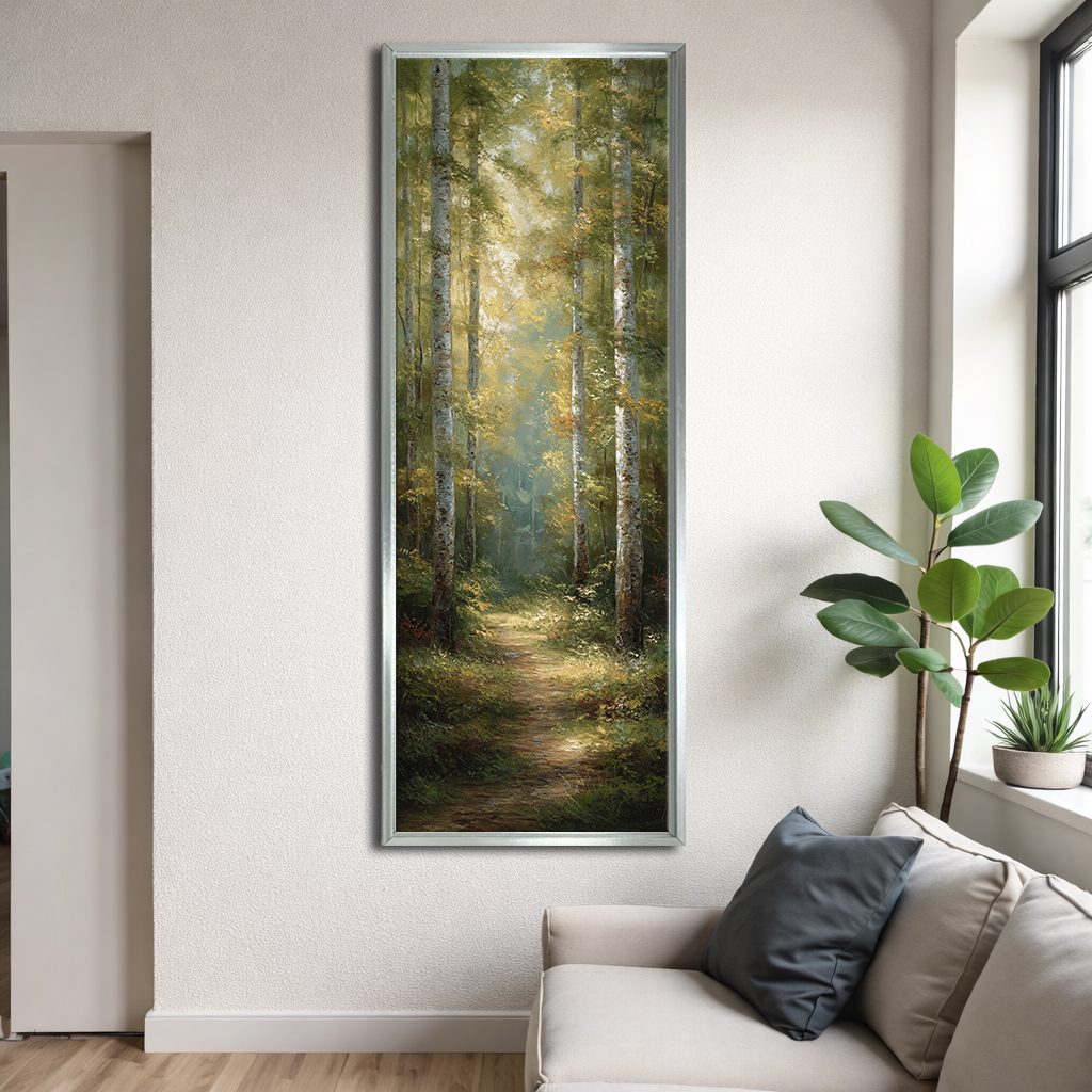 Sunlit Forest Trail canvas wall art, silver floating frame
