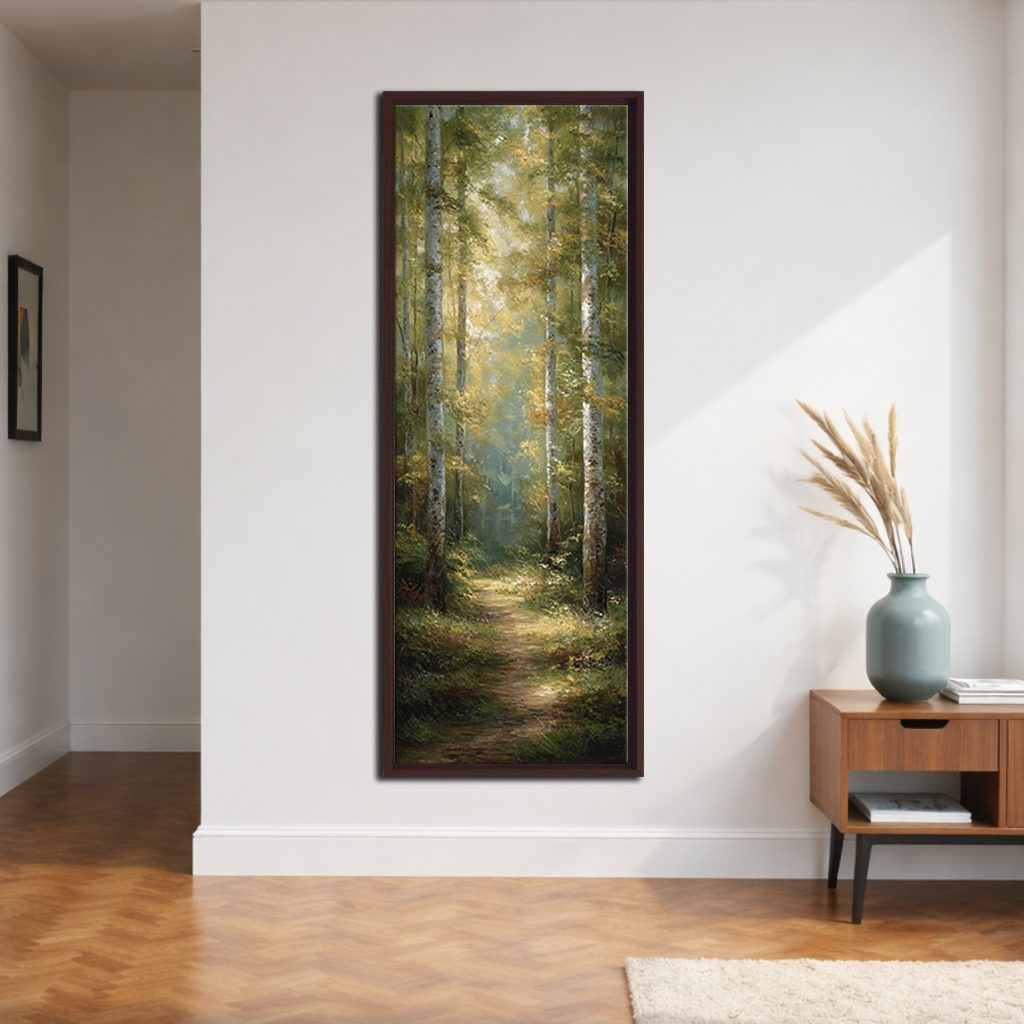 Sunlit Forest Trail canvas wall art, walnut floating frame