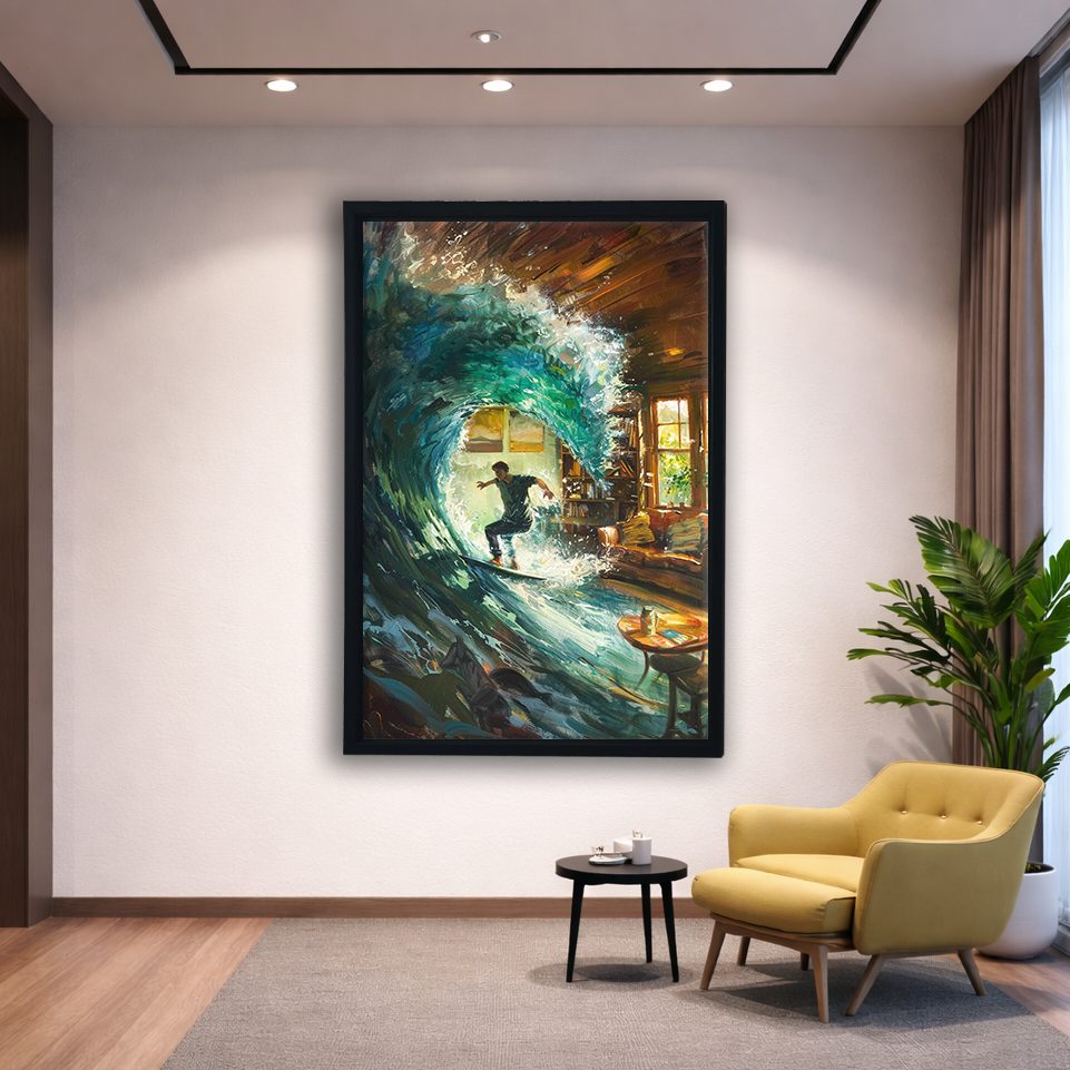 Surfer Wave in Living Room Surreal canvas wall art, black floating frame