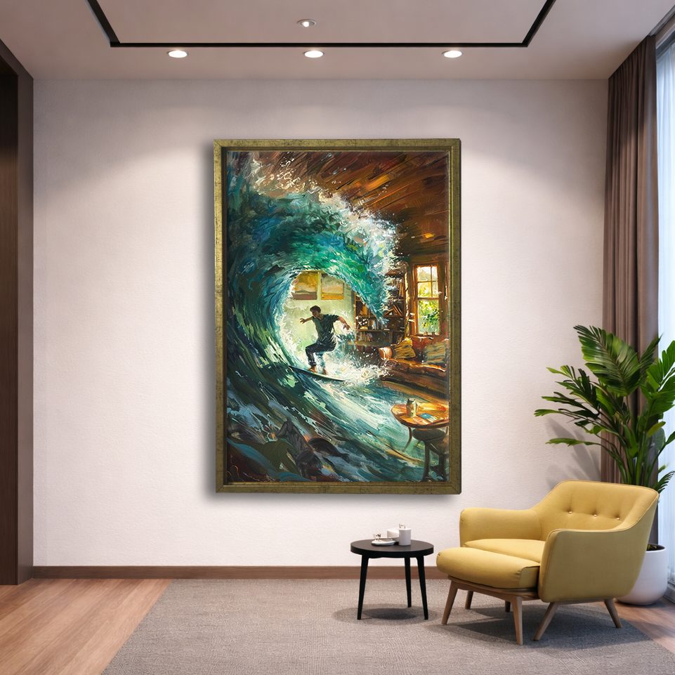 Surfer Wave in Living Room Surreal canvas wall art, gold floating frame
