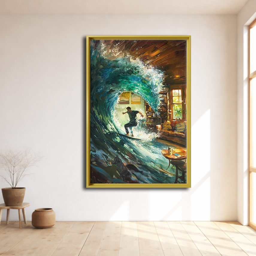 Surfer Wave in Living Room Surreal canvas wall art, natural wood floating frame