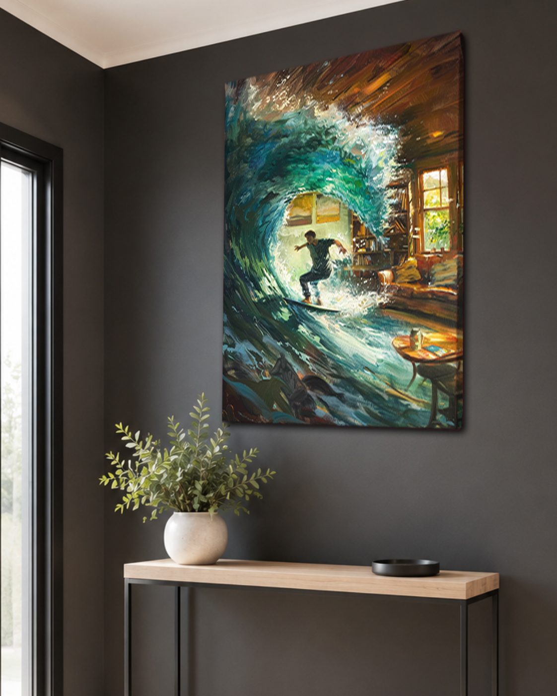 Surfer Wave in Living Room Surreal canvas wall art, unframed canvas