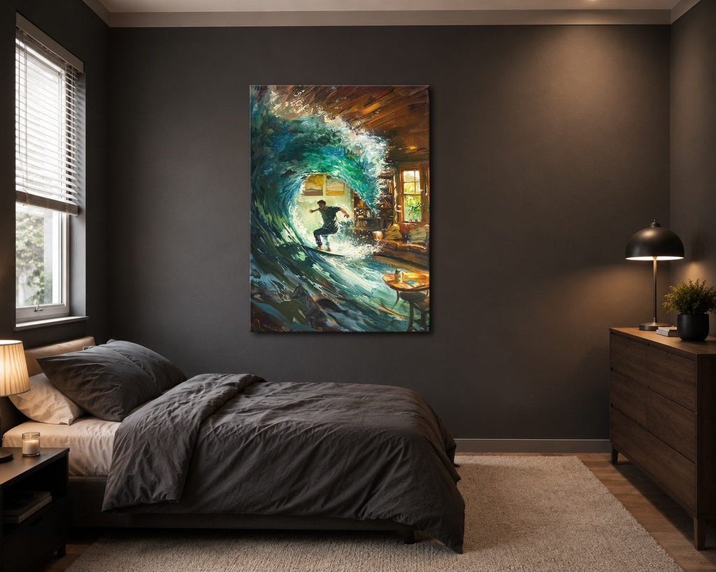Surfer Wave in Living Room Surreal canvas wall art, unframed canvas