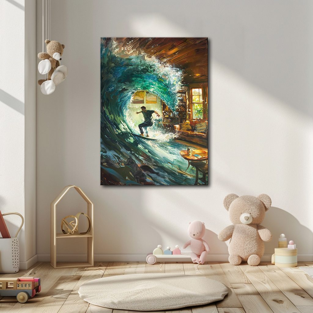 Surfer Wave in Living Room Surreal canvas wall art, unframed canvas