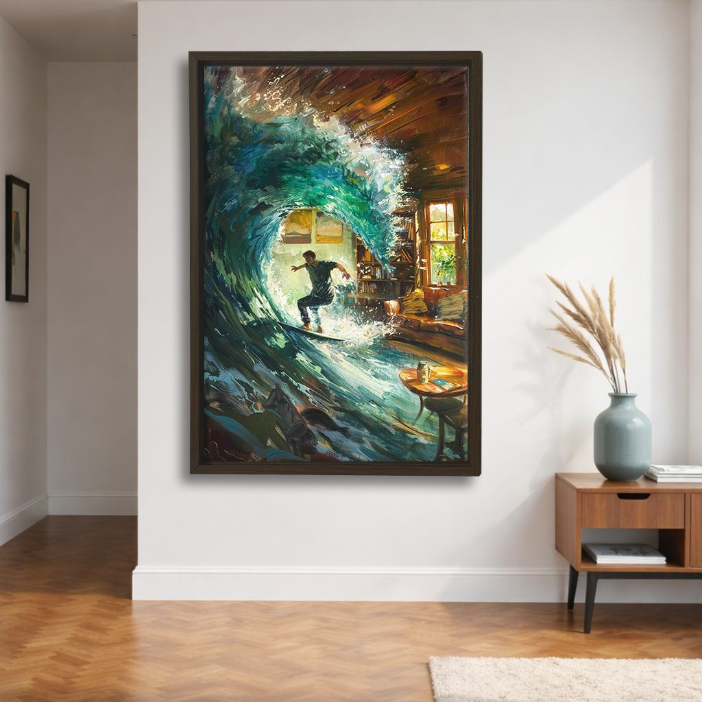 Surfer Wave in Living Room Surreal canvas wall art, walnut floating frame