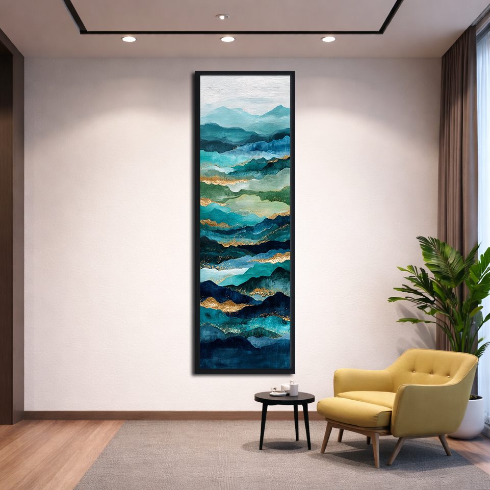 Teal and Gold Abstract Waves canvas wall art, black floating frame