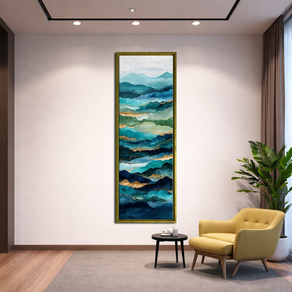 Teal and Gold Abstract Waves canvas wall art, gold floating frame