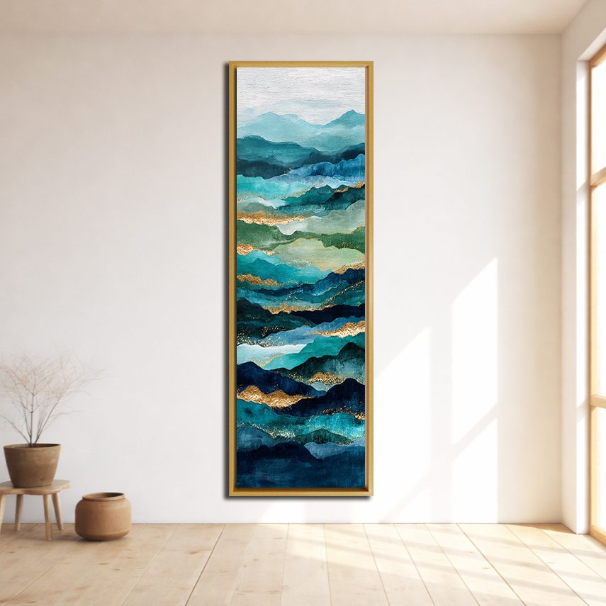 Teal and Gold Abstract Waves canvas wall art, natural wood floating frame