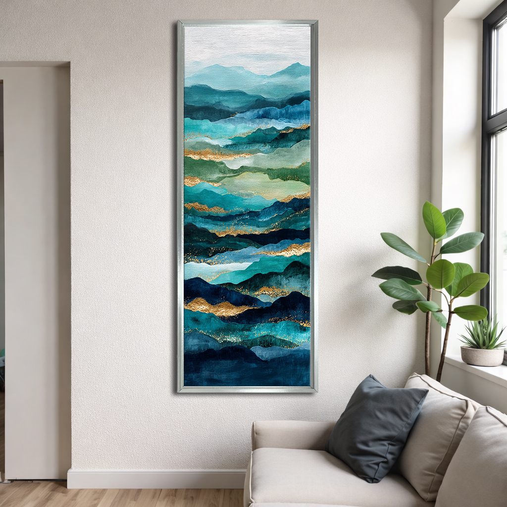 Teal and Gold Abstract Waves canvas wall art, silver floating frame