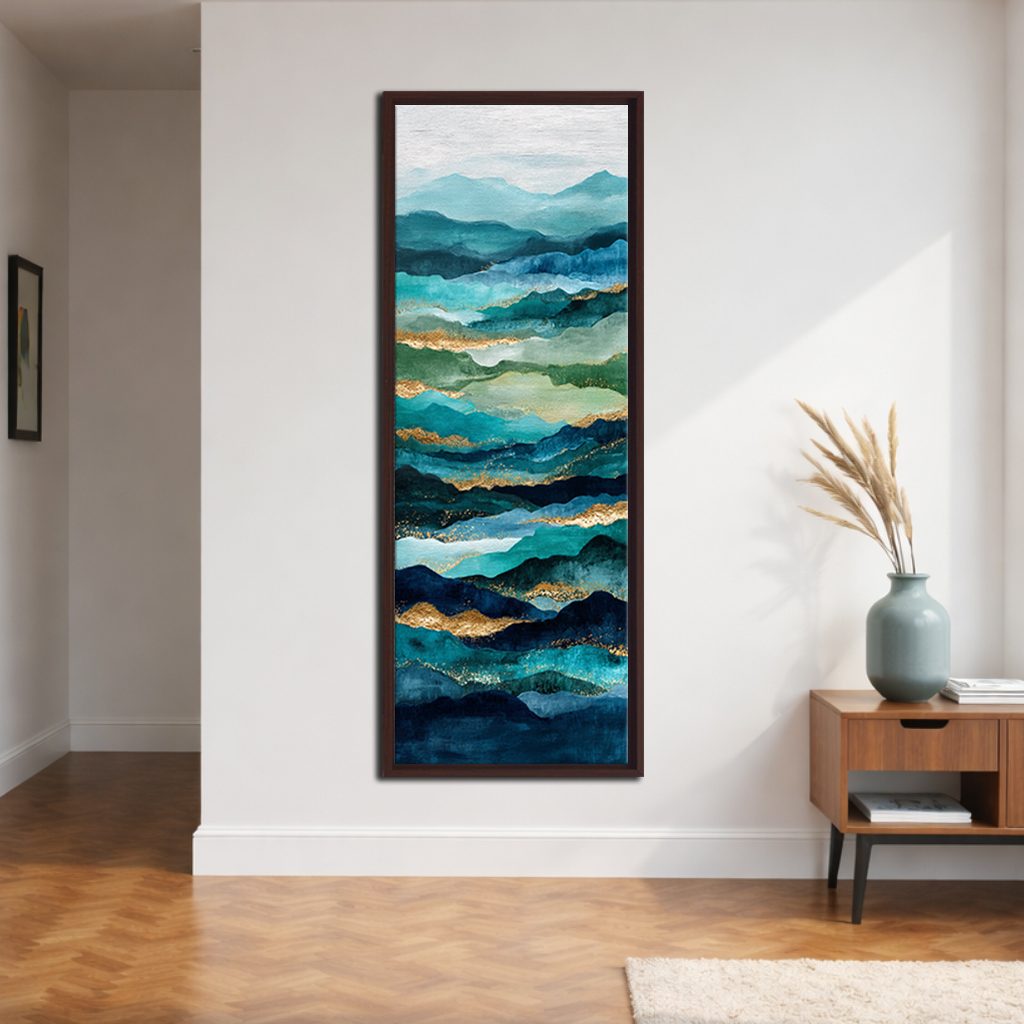 Teal and Gold Abstract Waves canvas wall art, walnut floating frame