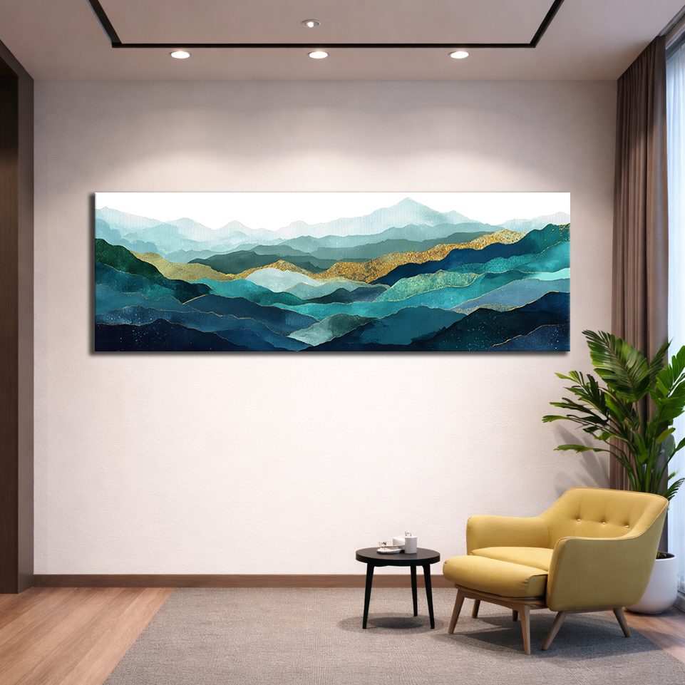 Teal and Gold Mountain Range canvas wall art, unframed canvas