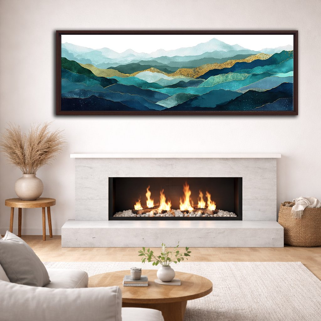 Teal and Gold Mountain Range canvas wall art, walnut floating frame