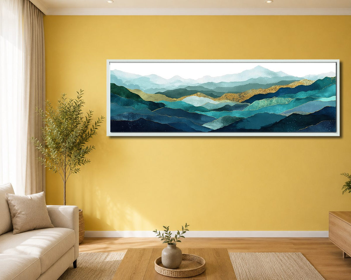 Teal and Gold Mountain Range canvas wall art, white floating frame