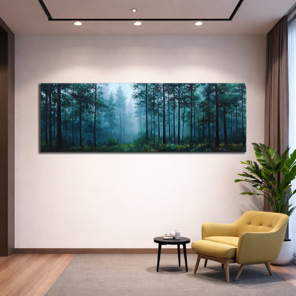 Teal Misty Pine Forest canvas wall art, unframed canvas