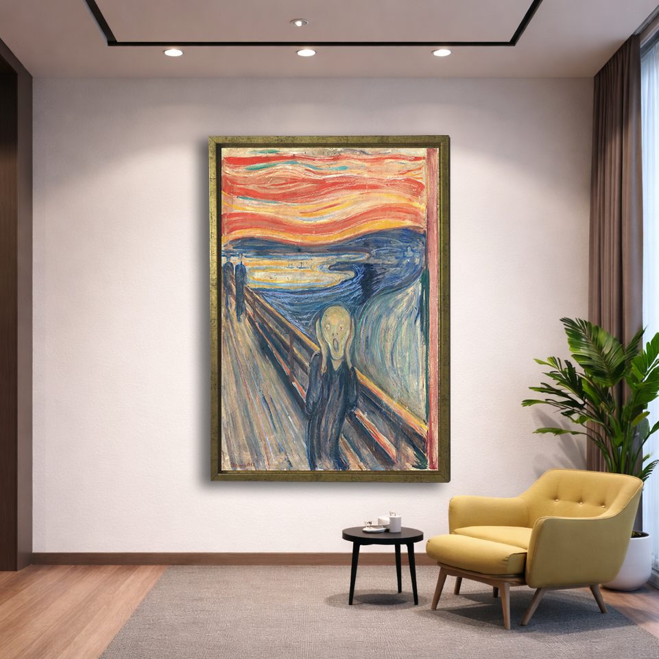 The Scream by Edvard Munch canvas wall art, gold floating frame